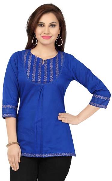 Blazing Blue Printed Cotton Designer Tunic for Women