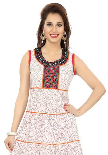 Daze Craze Of-White Cotton Long Anarkali Sleeveless Tunic