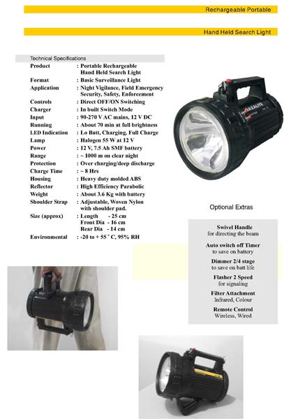 Portable lights, for Night Vigilance, Field Emergency Security, Safety, Enforcement Controls, Power : 12 V