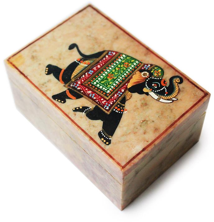Rectangular Softstone Box with Handpainted Elephant