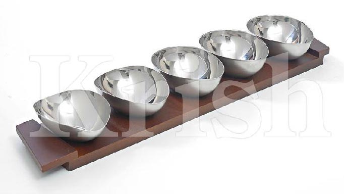 5 Pcs Oval Sauce Bowl with Wooden Tray Set