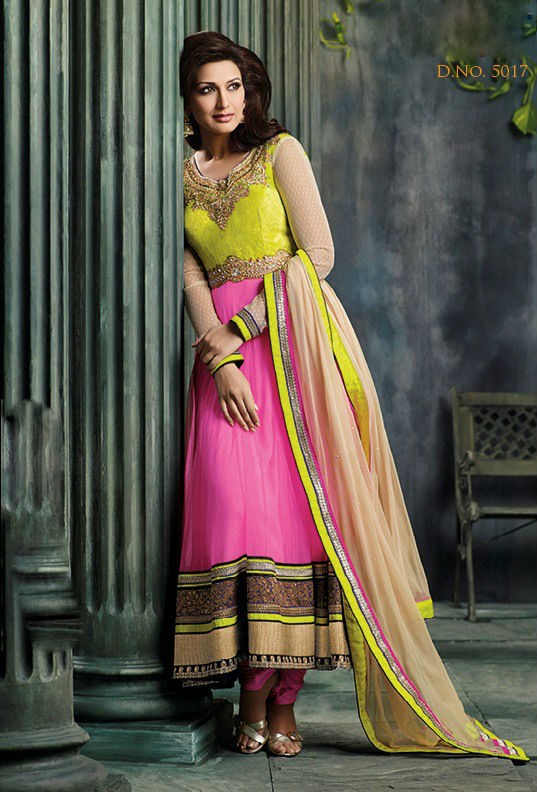 Saree Exotica Net Brasso soft chiffon Bollywood Sonali Salwar Kameez, Color : Pink Bright green