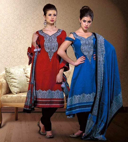 Designer Cotton Blue Red Salwar Suit