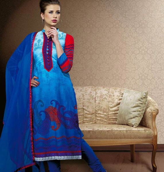 Stylish Printed Cotton Blue Red Salwar Suit