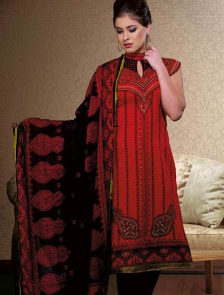Stylish Printed Red Cotton Salwar Suit