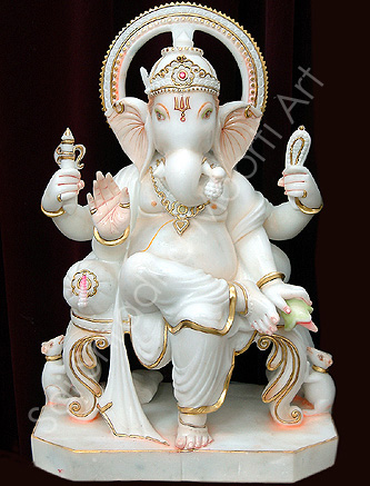 White marble stone Ganesh Ji Statues, for home office, Color : white