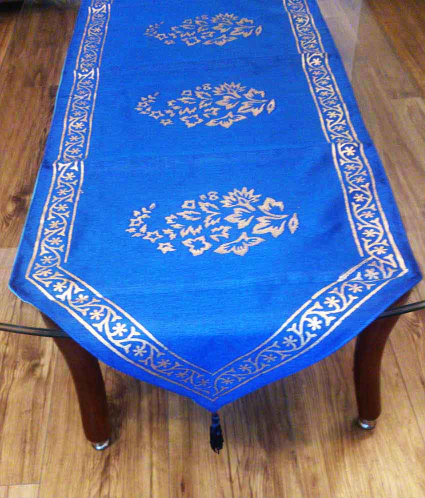 Buy Royal Gold Hand Block Printed Silk Table Runner Blue from