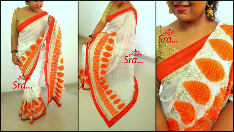 Pure Georgette Gorgeous Designer Saree, Color : White-Orange