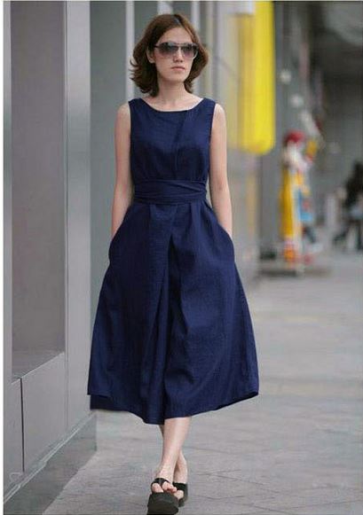 Women Blue Linen Formal Wear Dress