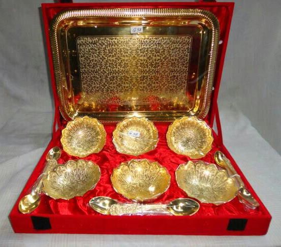 Brass Bowl Set with Tray & Spoon Gold Plated