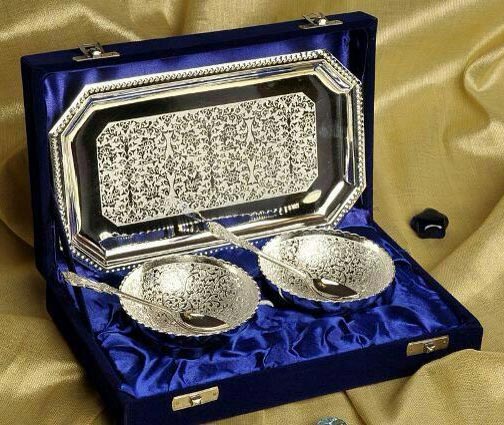 Brass Bowl Set with Tray & Spoon Silver Plated