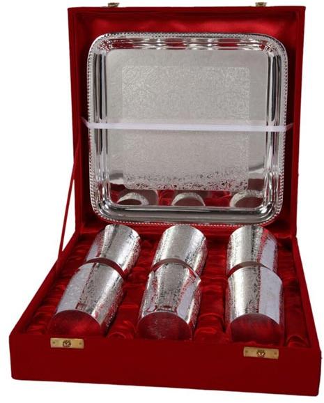 Brass Glass Set Straight with Tray Silver Plated