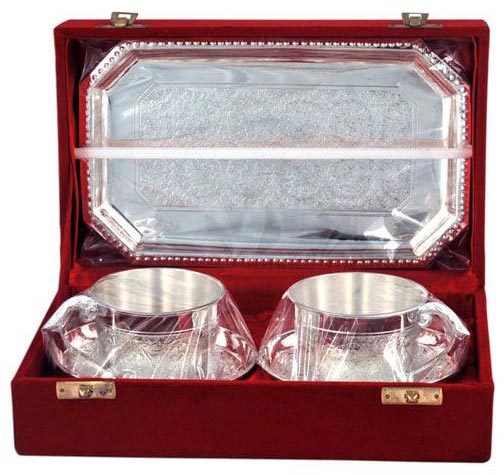 Brass Tea Cup Set with Tray & Saucers Silver Plated