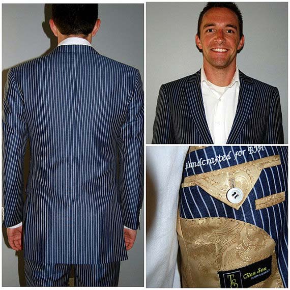 Navy Chalk Stripe Custom Men's Suit, Wool & Linen Suit