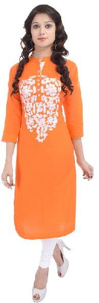 Orange Embroidered Cotton Kurtis, Size : L, XL