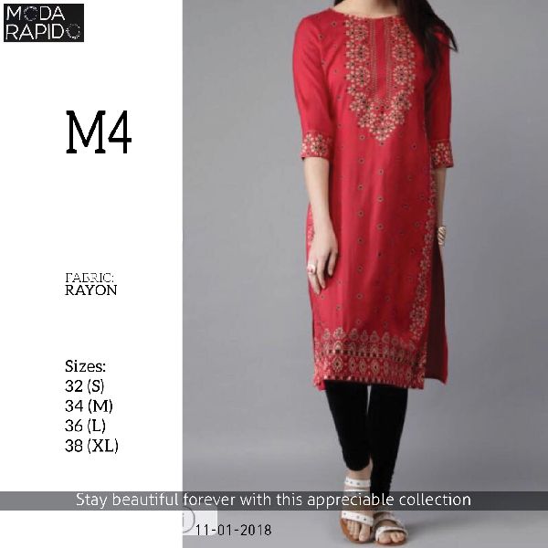 M4 Rayon Ladies Kurtis, Size : 32 (S), 34 (M), 36 (L), 38 (XL)