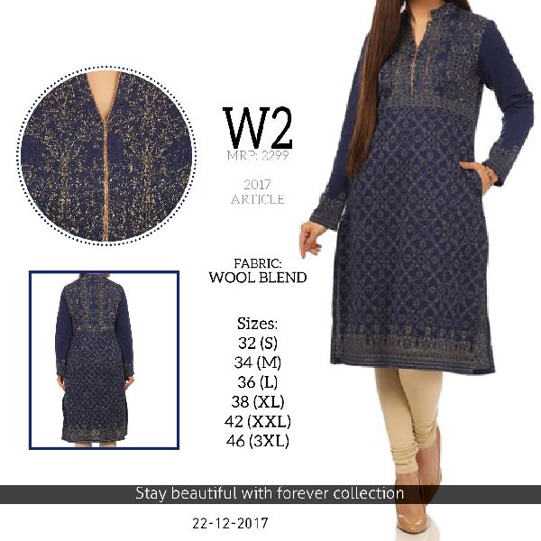 W2 Ladies Woollen Kurtis, Size : 32 (S), 34 (M), 36 (L), 38 (XL), 42 (XXL), 46 (3XL)