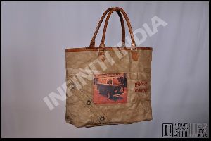 leather handle washed canvas tote bag