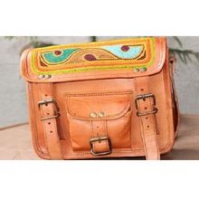 Real Goat Leather Embroidery Cross Body Satchel Messenger Bag
