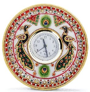 Kundan Work Round Shaped Marble Peacock Motif Clock