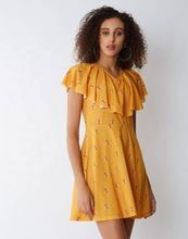 Designer Bee Printed Sexy Ruffled Neckline Mini Elegant Dress