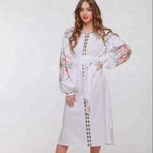 Long White Belt Cloth Boho Ukrainian Embroidered Dress
