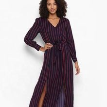 Women Striped Printed Long Front Open Tunic Dress