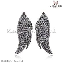 Silver Diamond Pave Feather Earrings