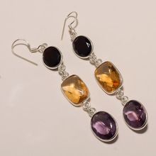 silver hanging earring with multiple semi precious gemstone