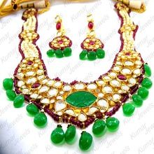 Gold Plated Pearl Beaded Kundan Ruby Green Stone Necklace Set