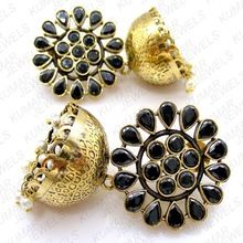 Mughal Style Black Golden Gold Plated Jhumka Earrings