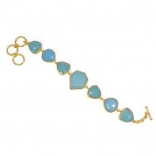 Aqua chalcedony gemstone gold plated link bracelet
