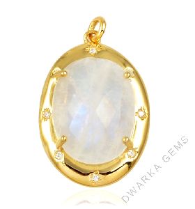 Rainbow moonstone with CZ studded gemstone sterling silver pendant