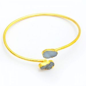 Beautiful Natural Grey Druzy Gemstone Gold Plated Adjustable Bangle/Bracelet