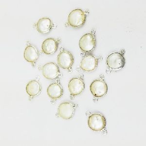 Natural White Pearl 10mm Round Silver Bezel 2 Loop Connector