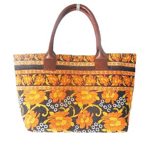 Kantha Tote Leather Handle Bag