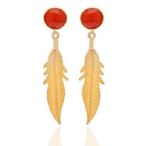 red chalcedony gold plated fancy leaf earring