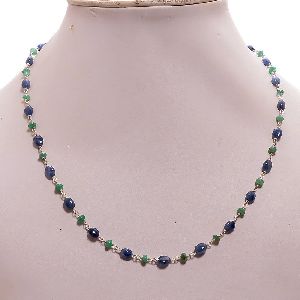 Blue SAPPHIRE and SERPENTINE Gemstones Beads Chain Necklace