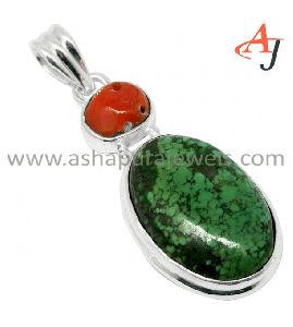 925 Sterling !! Stunning Silver Jewelry Coral Turquoise Gemstone Silver Pendant