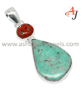Handmade !! Fancy Turquoise Coral Gemstone Silver Jewelry Pendant