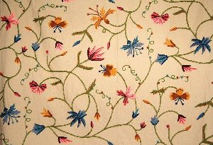Cotton Crewel Embroidered Fabric Butterfly Brown, Multicolor