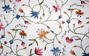 Cotton Crewel Embroidered Fabric Butterfly Snow White, Multicolor