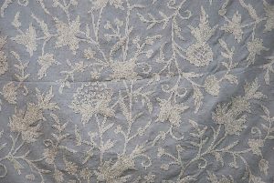 Cotton Crewel Embroidered Fabric Floral, White on Grey