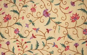 Cotton Crewel Embroidered Fabric Jacobean Beige, Multicolor