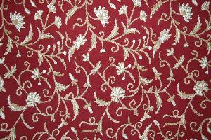 Cotton Crewel Embroidered Fabric Jacobean, Beige and White on Burgundy