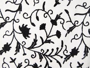 Cotton Crewel Embroidered Fabric Jacobean, Black on White