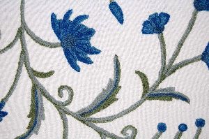 Cotton Crewel Embroidered Fabric Jacobean, Blue and Green