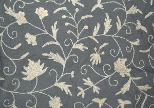 Cotton Crewel Embroidered Fabric Jacobean, White on Grey