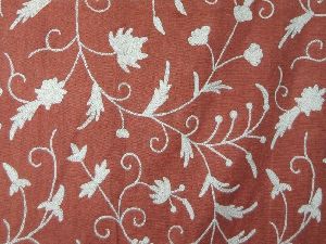 Cotton Crewel Embroidered Fabric Jacobean, White on Taupe