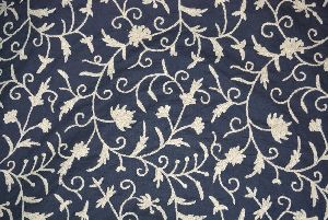 Cotton Crewel Embroidered Fabric Jacobean, White on Navy